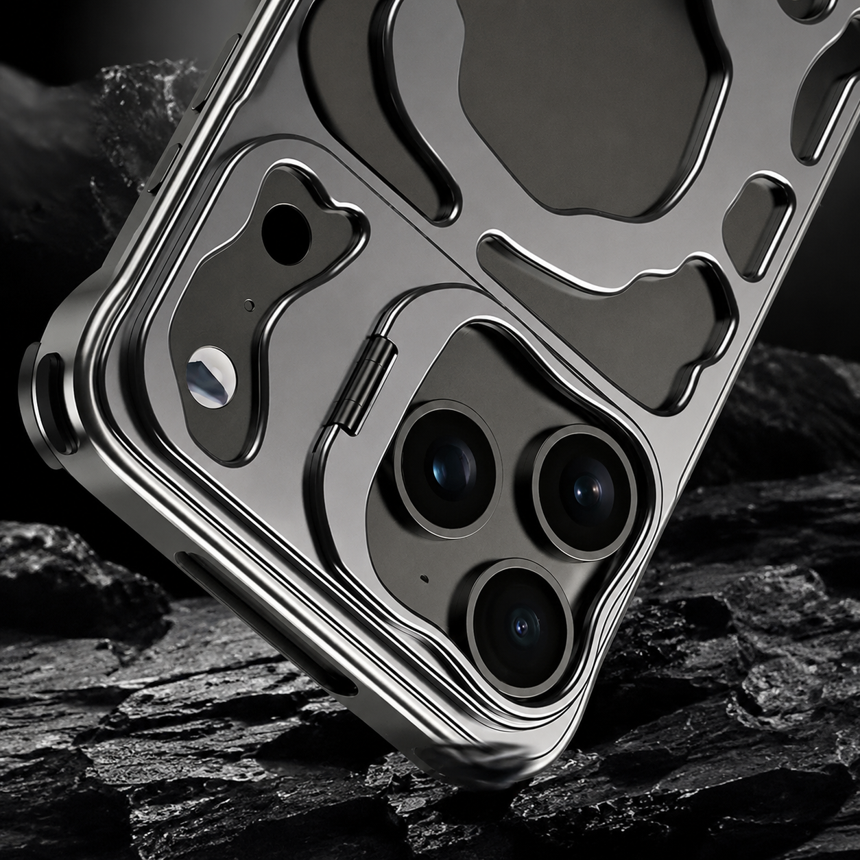 Premium iPhone Case Magnetic Hollow Metal Cover with Heat Dissipation Stand Bracket Shockproof Scratch Resistant Open Frame Lightweight Protective Design