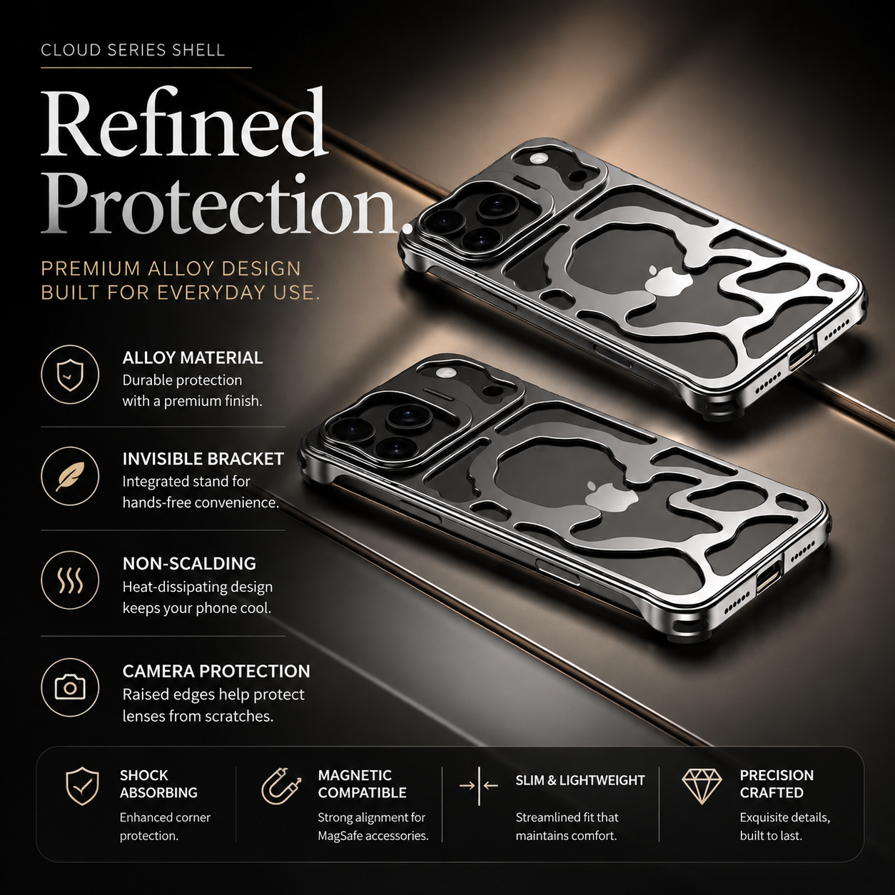 Premium iPhone Case Magnetic Hollow Metal Cover with Heat Dissipation Stand Bracket Shockproof Scratch Resistant Open Frame Lightweight Protective Design