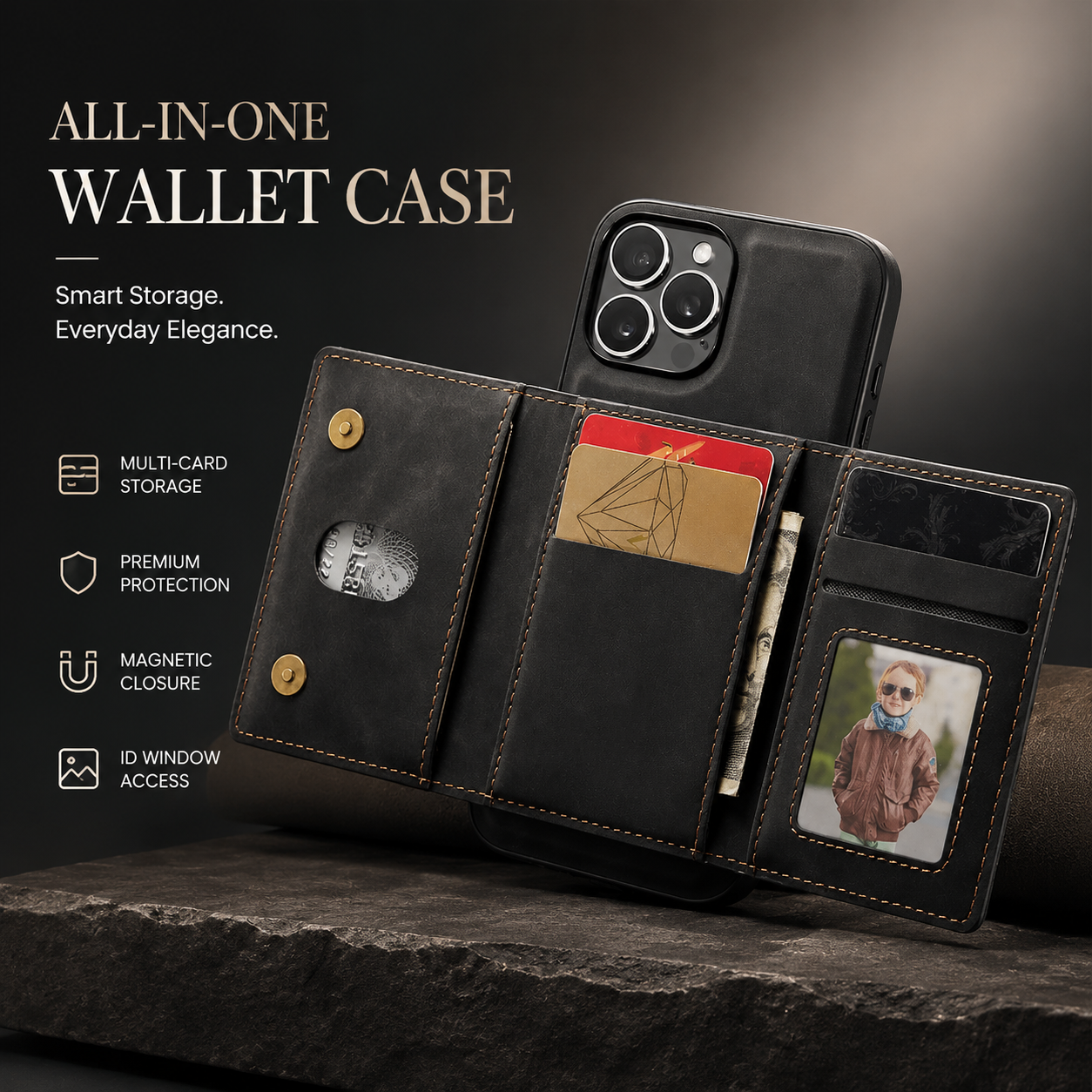 Premium iPhone Case Magnetic Leather Wallet Cover Card Holder Money Pocket Kickstand Shockproof Protective Case Slim Full Coverage