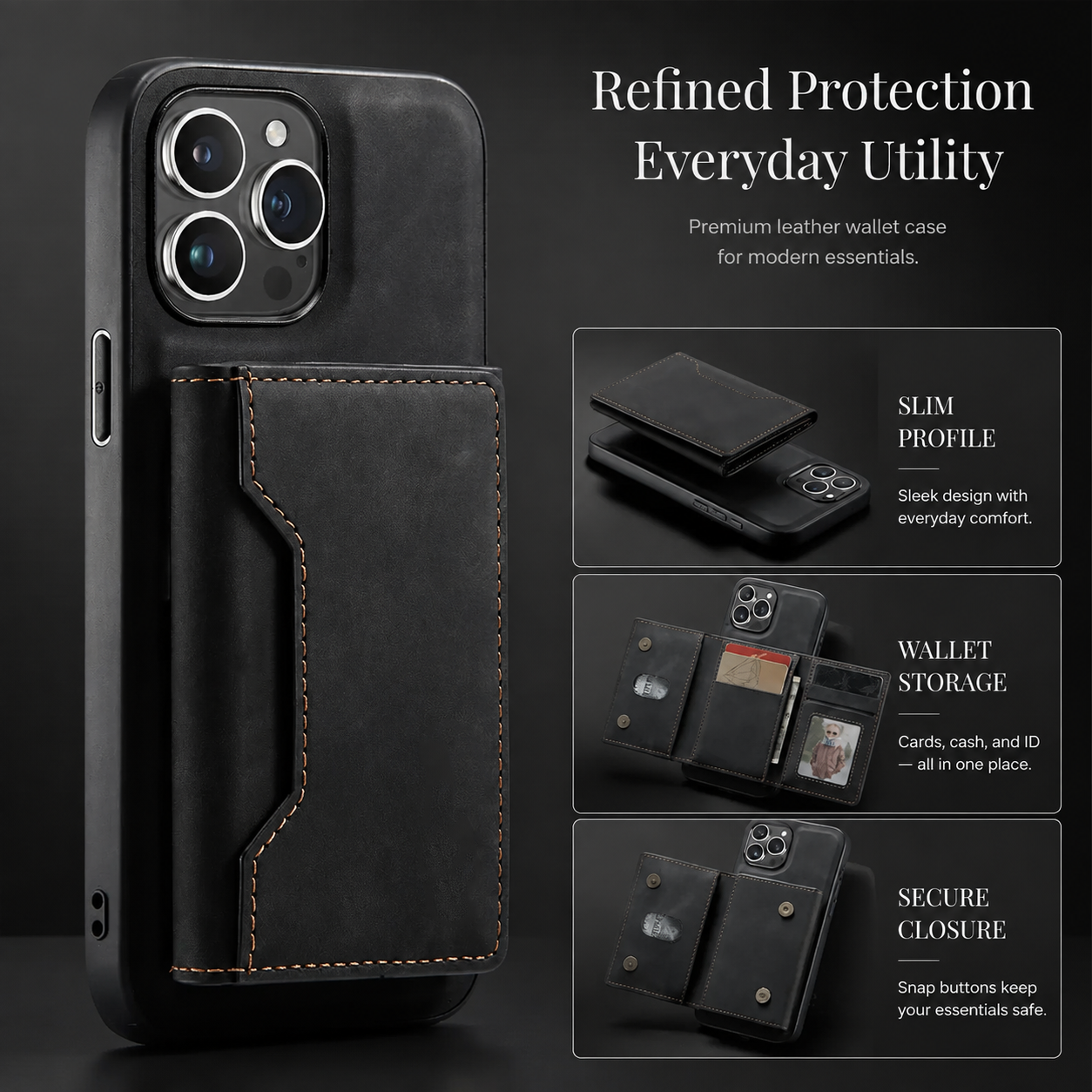 Premium iPhone Case Magnetic Leather Wallet Cover Card Holder Money Pocket Kickstand Shockproof Protective Case Slim Full Coverage