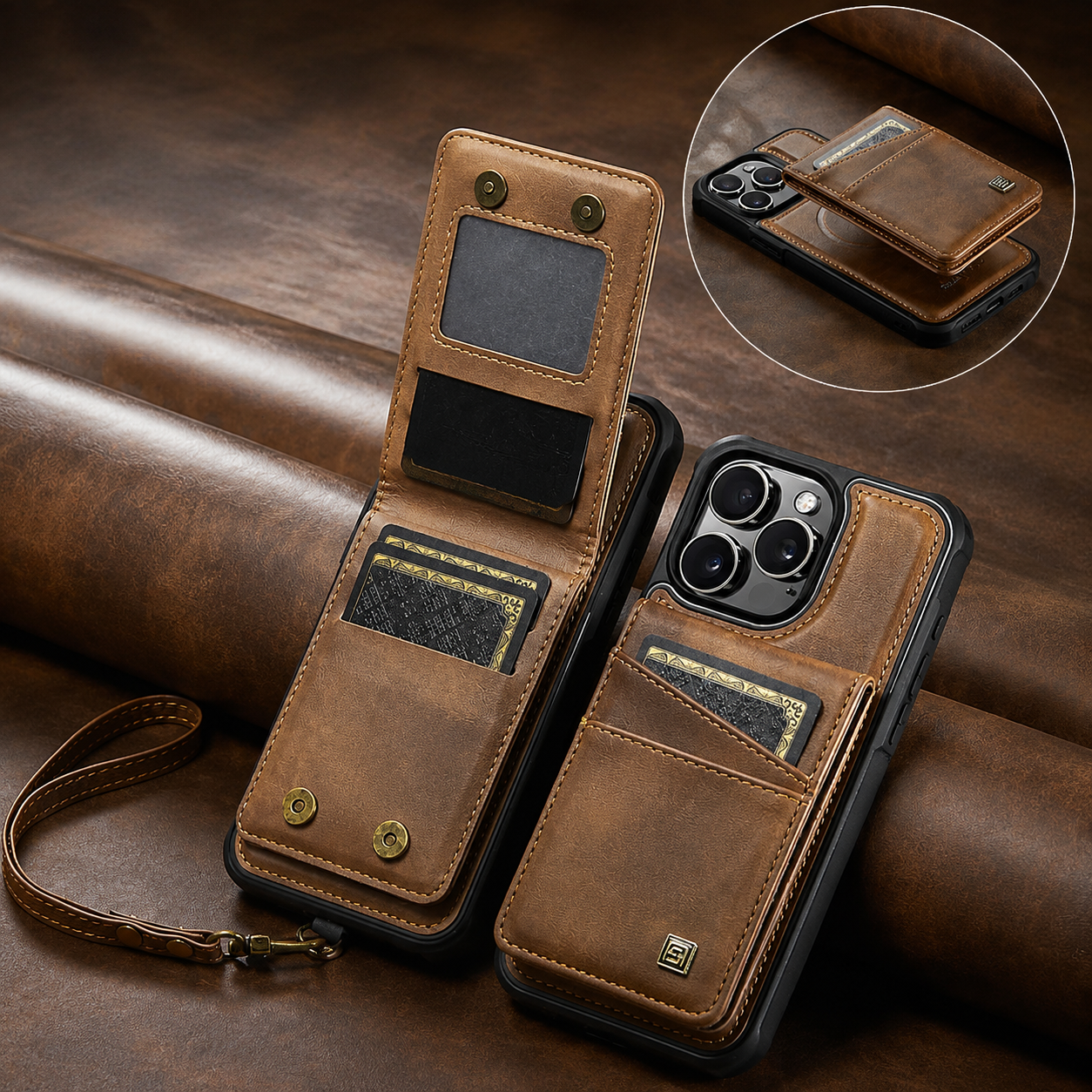 Premium iPhone Case Magnetic Wallet Cover PU Leather Detachable Flip Case Card Holder Wrist Strap Shockproof Protective Cover Slim Design