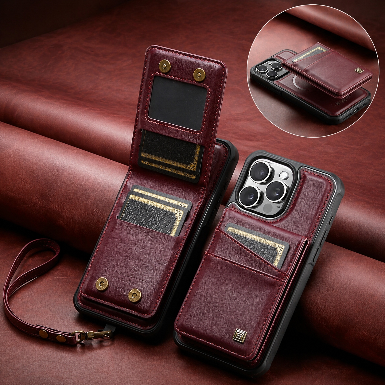 Premium iPhone Case Magnetic Wallet Cover PU Leather Detachable Flip Case Card Holder Wrist Strap Shockproof Protective Cover Slim Design