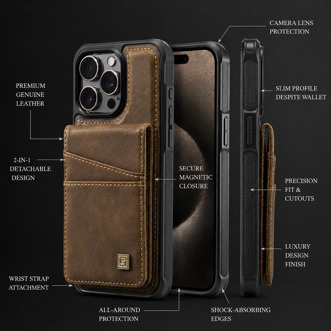 Premium iPhone Case Magnetic Wallet Cover PU Leather Detachable Flip Case Card Holder Wrist Strap Shockproof Protective Cover Slim Design