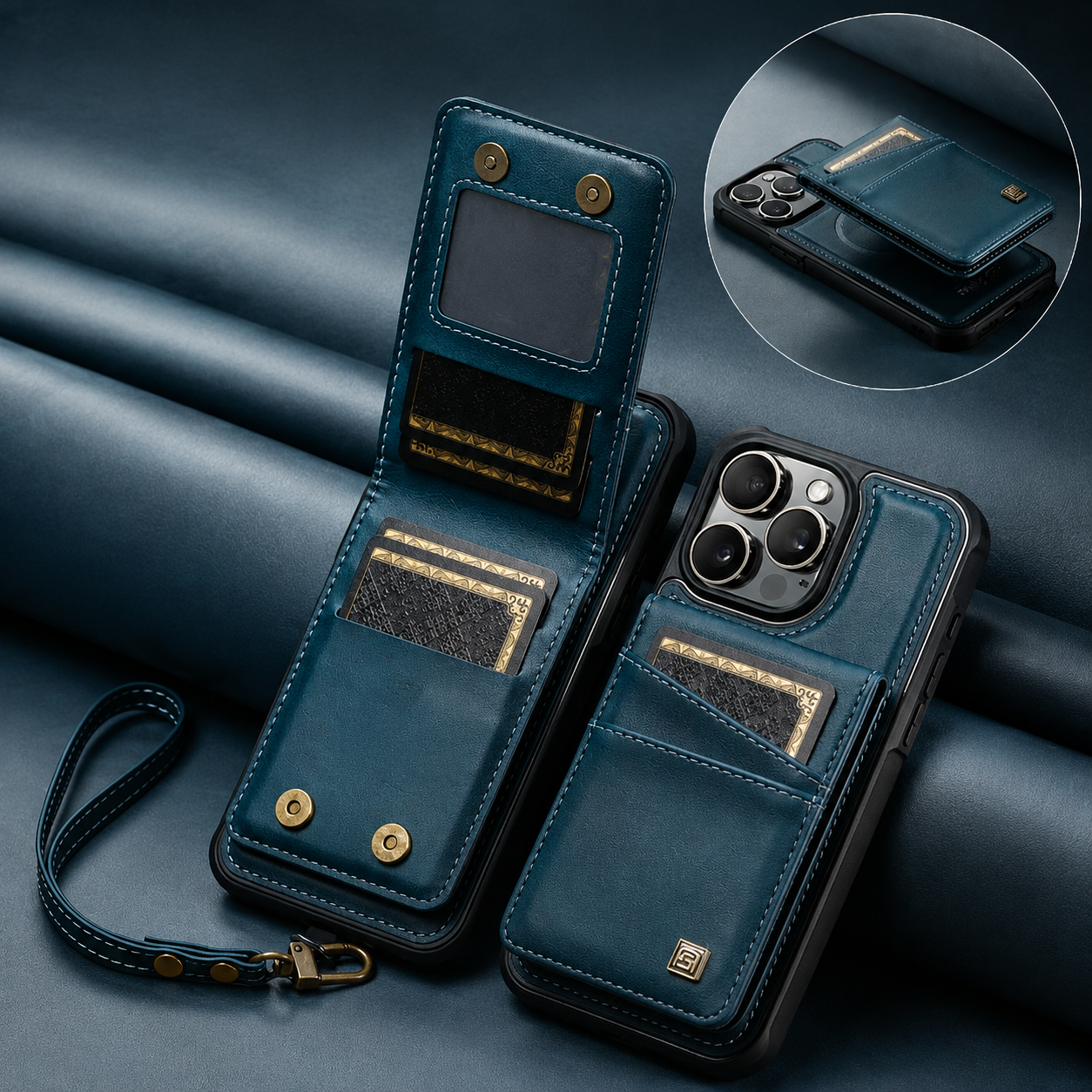 Premium iPhone Case Magnetic Wallet Cover PU Leather Detachable Flip Case Card Holder Wrist Strap Shockproof Protective Cover Slim Design