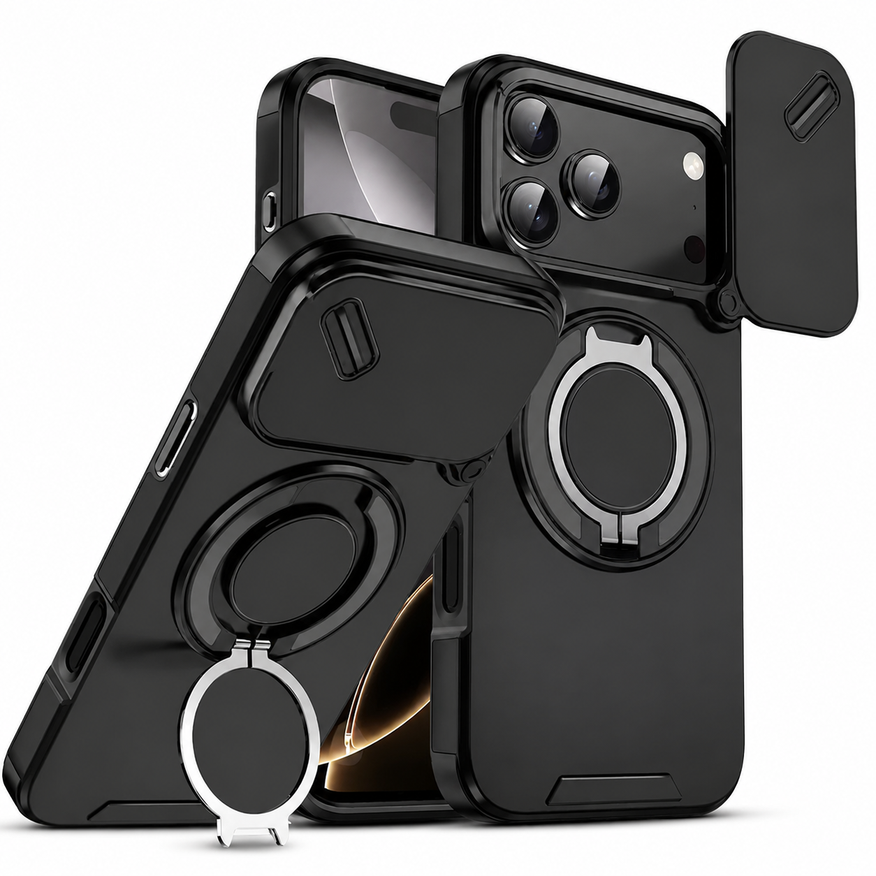 Premium iPhone Case Military Armor Protective Cover Magnetic Ring Stand Dual Layer Shockproof Camera Lens Protection Full Coverage