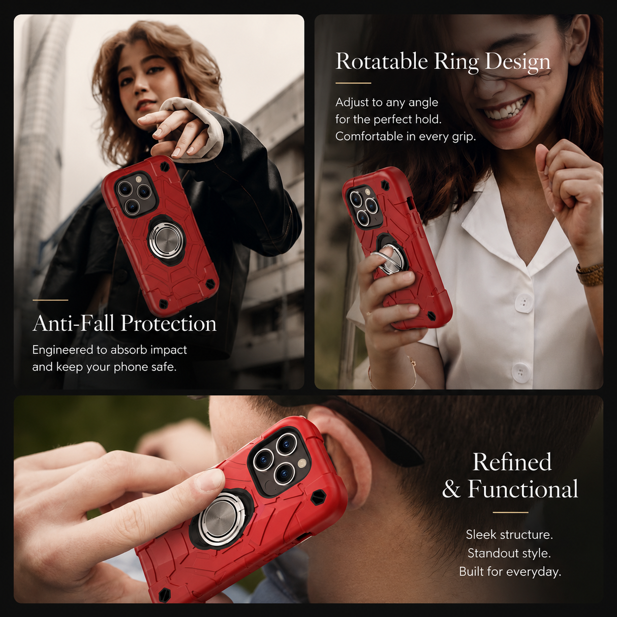 Premium iPhone Case Military Armor Shockproof Rugged Cover Kickstand Ring Holder Dual Layer Protective Case PC TPU Full Coverage Design