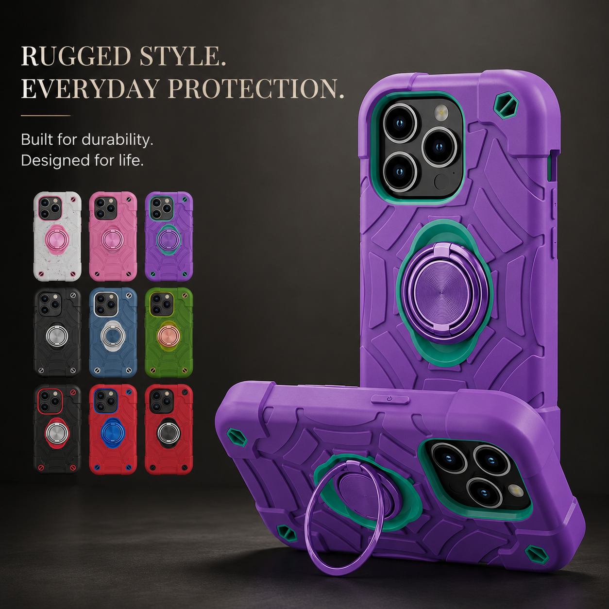 Premium iPhone Case Military Armor Shockproof Rugged Cover Kickstand Ring Holder Dual Layer Protective Case PC TPU Full Coverage Design