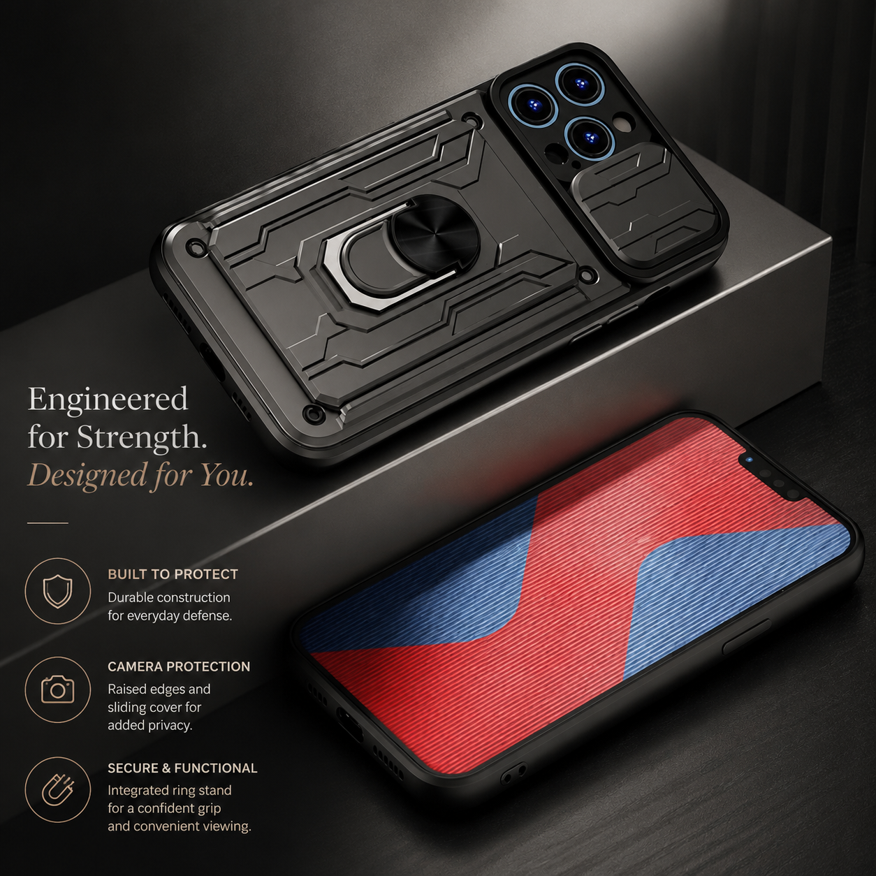 Premium iPhone Case Military Grade Magnetic Armor Cover Slide Camera Protector Card Slot 360° Ring Stand Shockproof MagSafe Protective Case