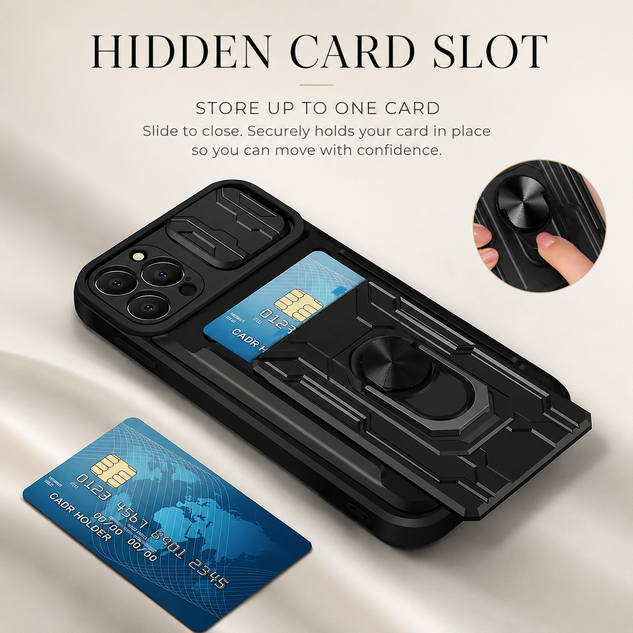 Premium iPhone Case Military Grade Magnetic Armor Cover Slide Camera Protector Card Slot 360° Ring Stand Shockproof MagSafe Protective Case