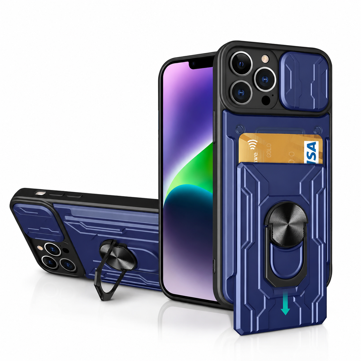 Premium iPhone Case Military Grade Magnetic Armor Cover Slide Camera Protector Card Slot 360° Ring Stand Shockproof MagSafe Protective Case