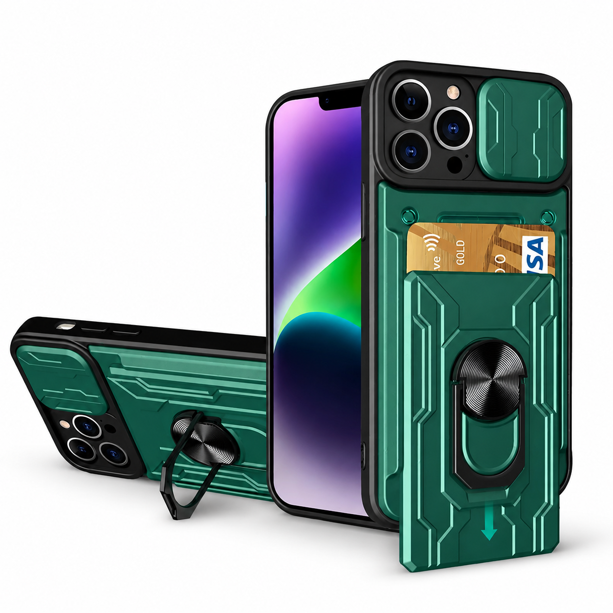 Premium iPhone Case Military Grade Magnetic Armor Cover Slide Camera Protector Card Slot 360° Ring Stand Shockproof MagSafe Protective Case