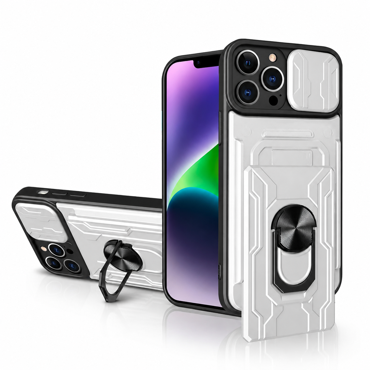 Premium iPhone Case Military Grade Magnetic Armor Cover Slide Camera Protector Card Slot 360° Ring Stand Shockproof MagSafe Protective Case