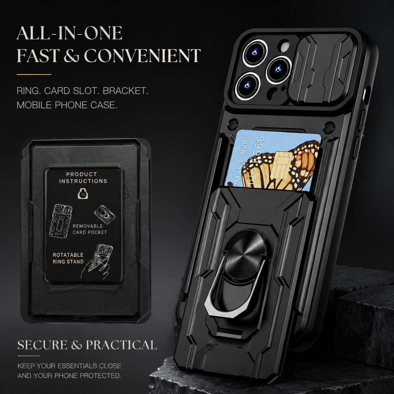 Premium iPhone Case Military Grade Magnetic Armor Cover Slide Camera Protector Card Slot 360° Ring Stand Shockproof MagSafe Protective Case