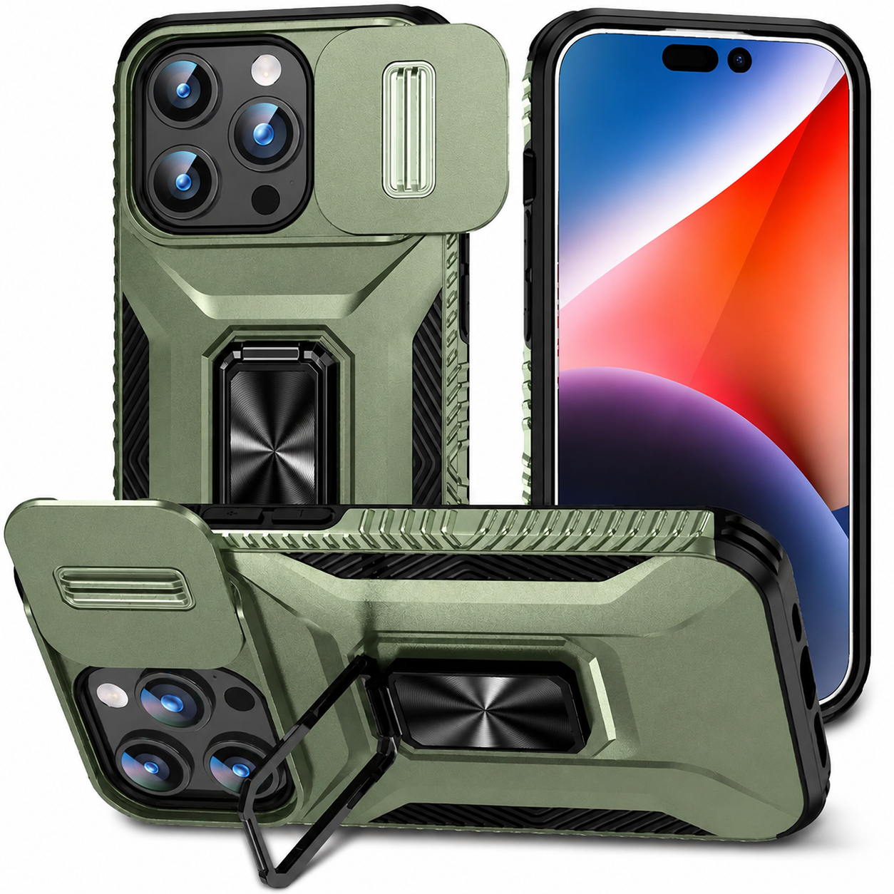 Premium iPhone Case Military Grade Shockproof Protective Cover Sliding Camera Lens Guard Rotary Stand Anti Slip Grip Full Coverage