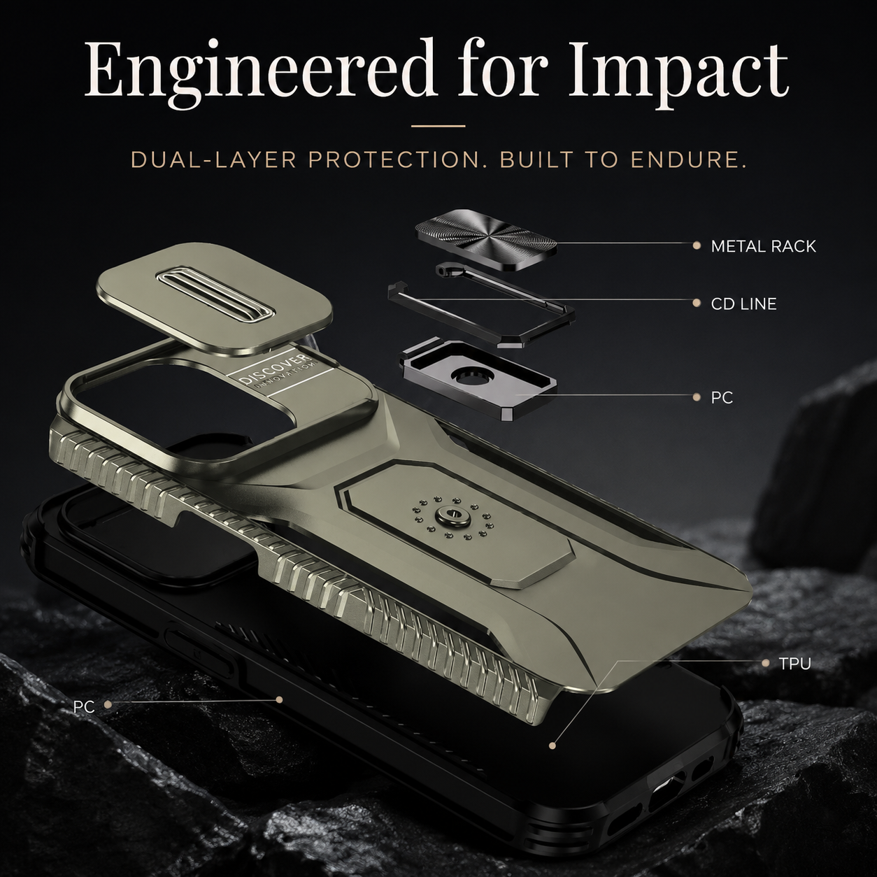Premium iPhone Case Military Grade Shockproof Protective Cover Sliding Camera Lens Guard Rotary Stand Anti Slip Grip Full Coverage