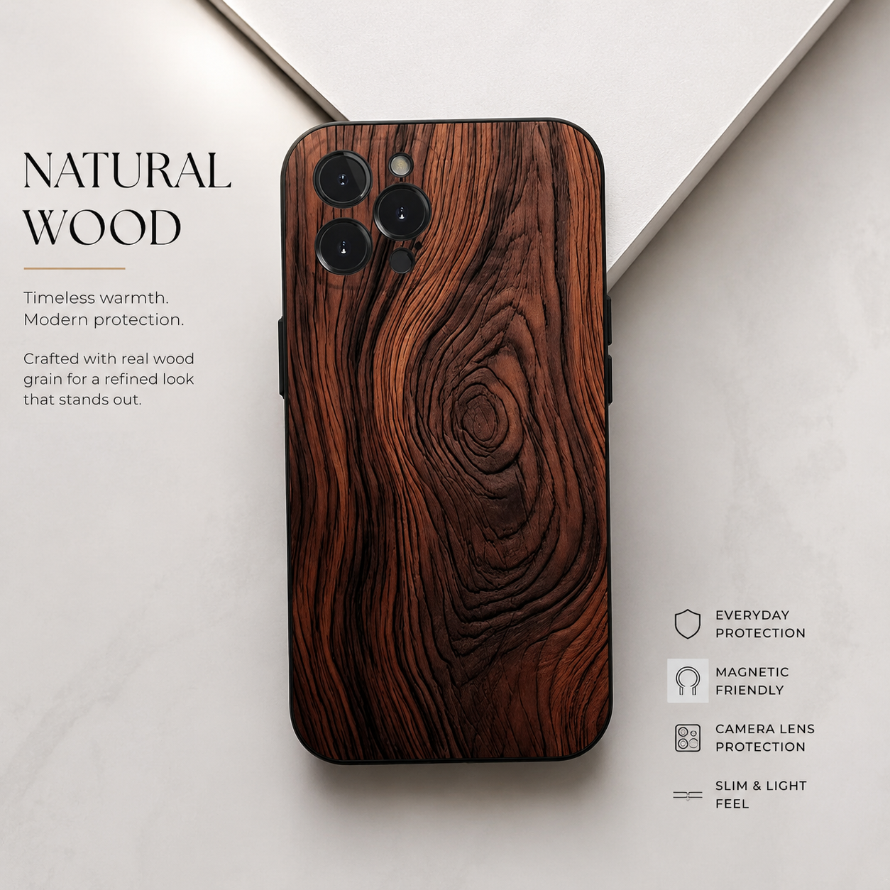 Premium iPhone Case Natural Wood Protective Cover Slim Lightweight Silicone Frame Camera Lens Protection Anti Scratch Full Coverage Wireless Charging