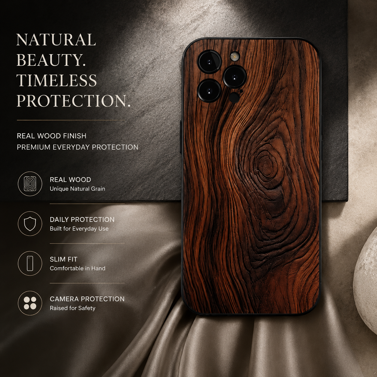 Premium iPhone Case Natural Wood Protective Cover Slim Lightweight Silicone Frame Camera Lens Protection Anti Scratch Full Coverage Wireless Charging