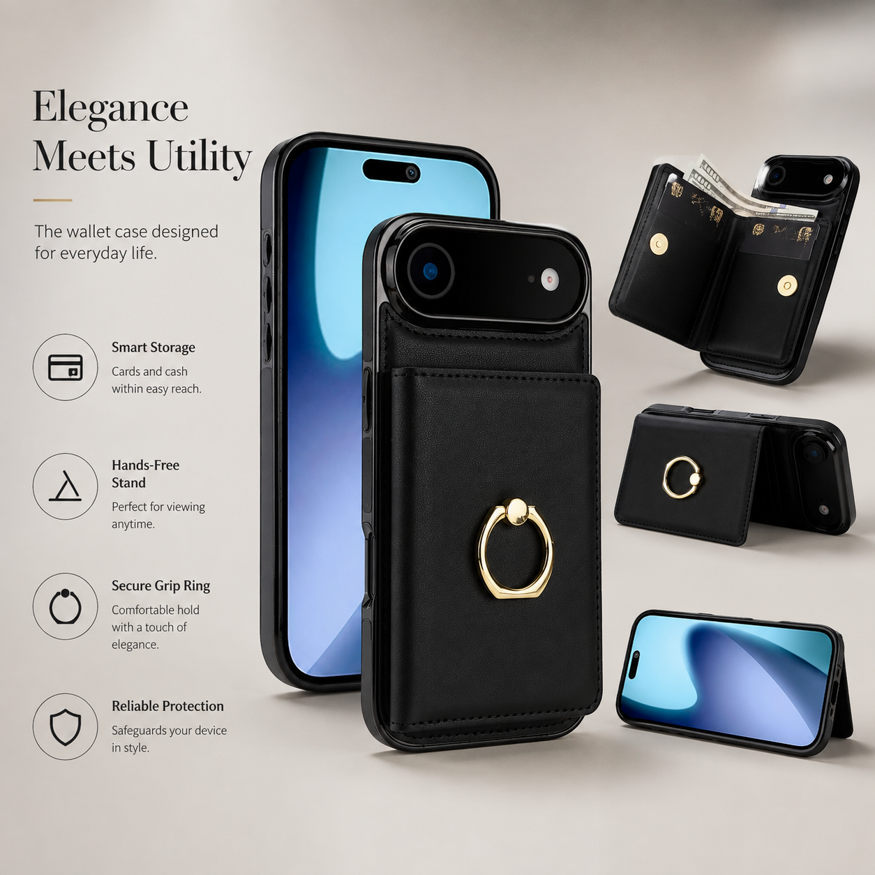 Premium iPhone Case PU Leather Wallet Cover Card Holder 360° Rotating Ring Kickstand Magnetic Clasp Shockproof Protective Case Full Coverage