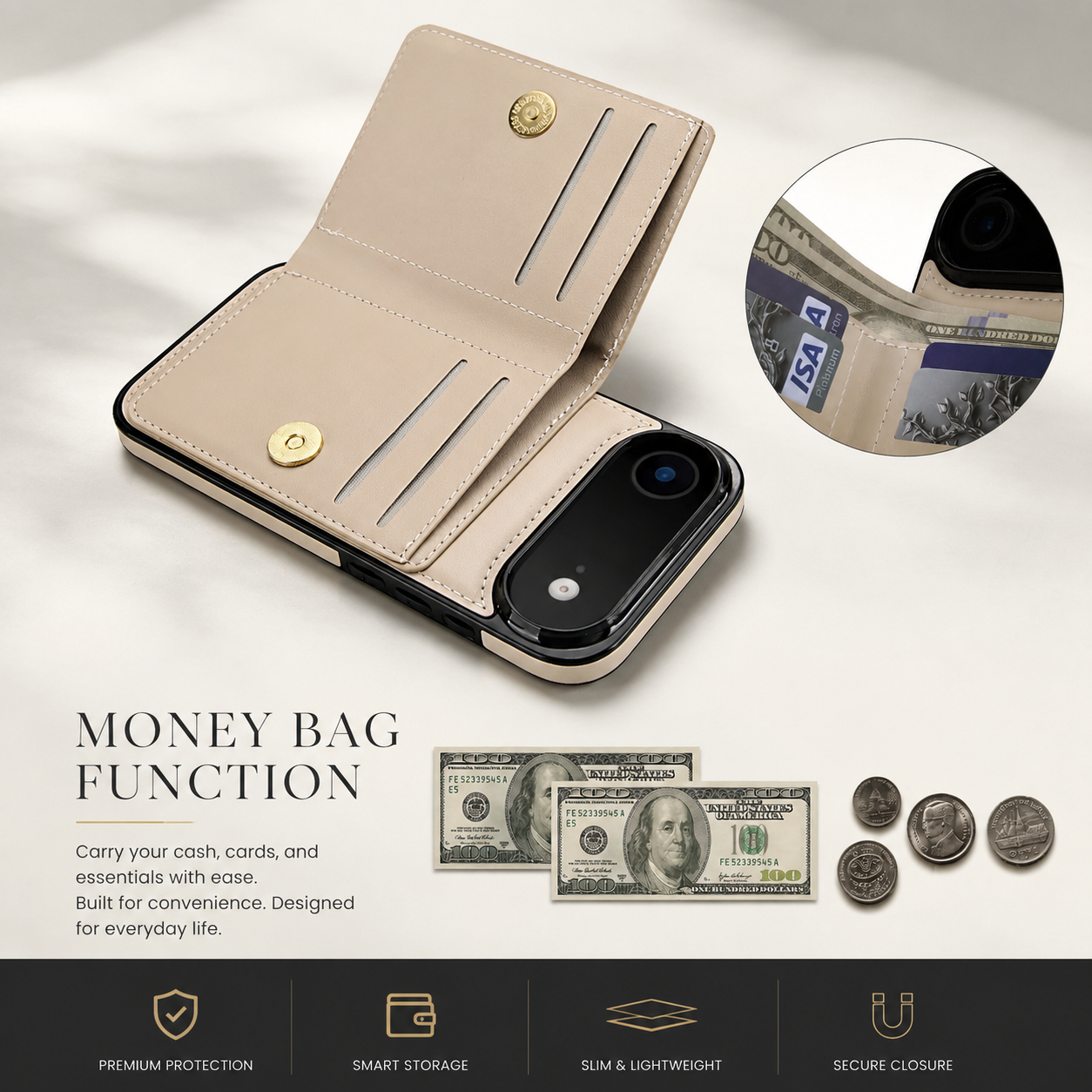 Premium iPhone Case PU Leather Wallet Cover Card Holder 360° Rotating Ring Kickstand Magnetic Clasp Shockproof Protective Case Full Coverage