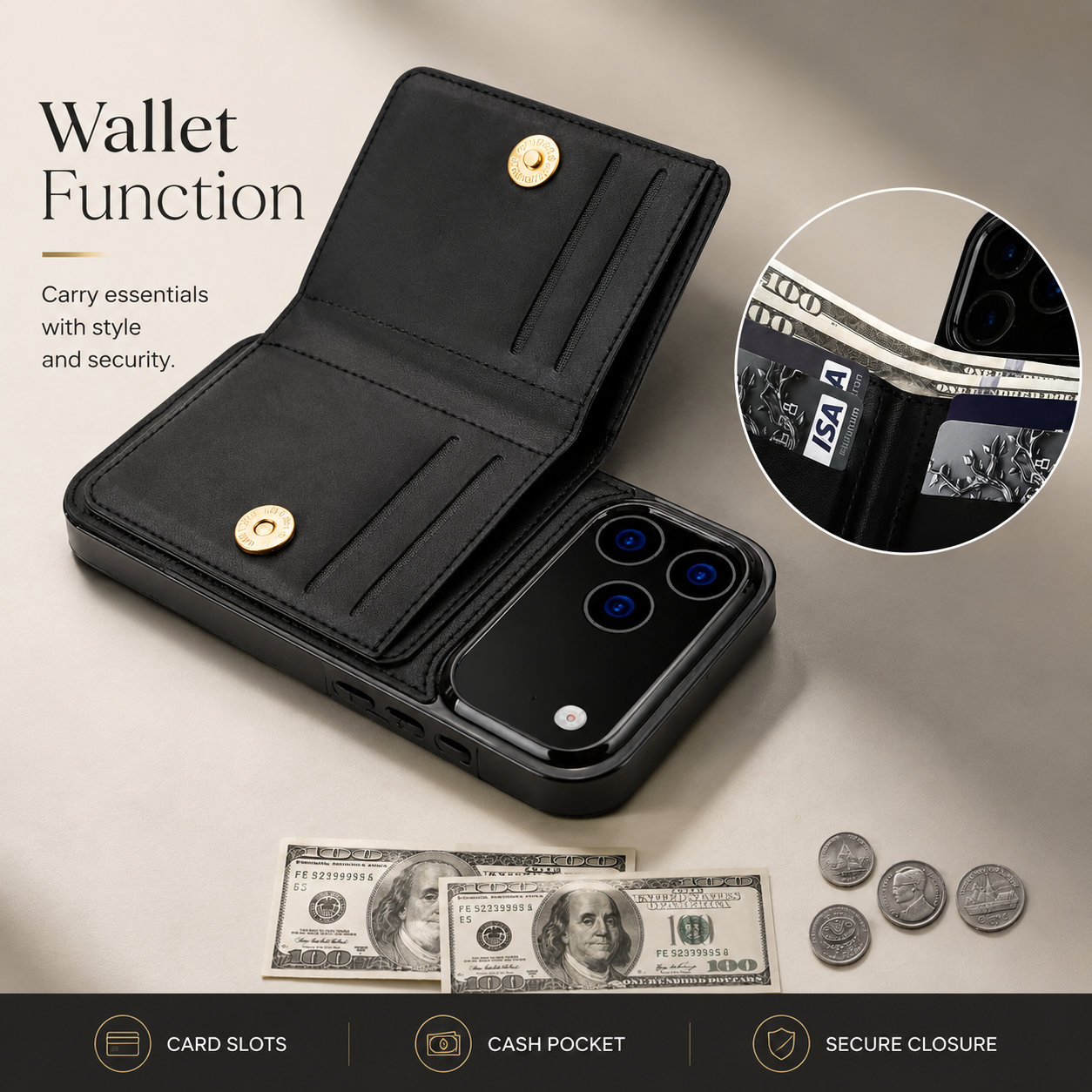 Premium iPhone Case PU Leather Wallet Cover Card Holder 360° Rotating Ring Kickstand Magnetic Clasp Shockproof Protective Case Full Coverage