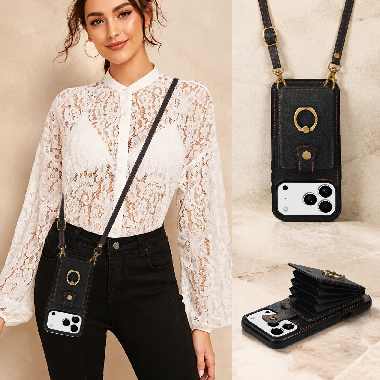 Premium iPhone Case PU Leather Wallet Cover Card Holder RFID Blocking 360° Rotating Ring Kickstand Shockproof Protective Case Full Coverage