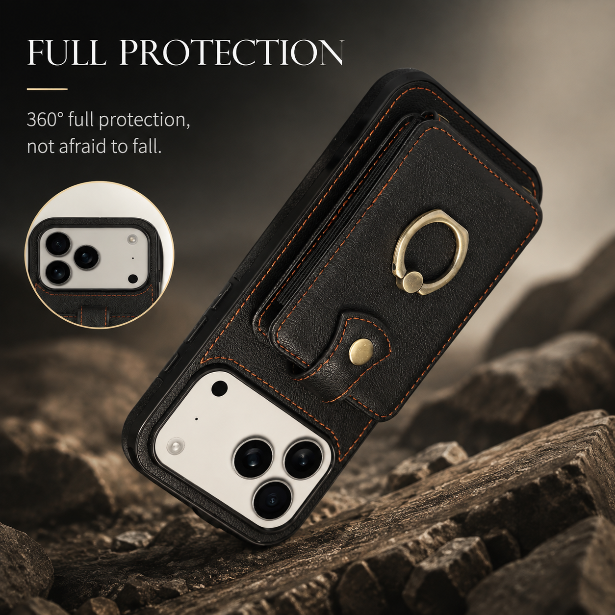 Premium iPhone Case PU Leather Wallet Cover Card Holder RFID Blocking 360° Rotating Ring Kickstand Shockproof Protective Case Full Coverage