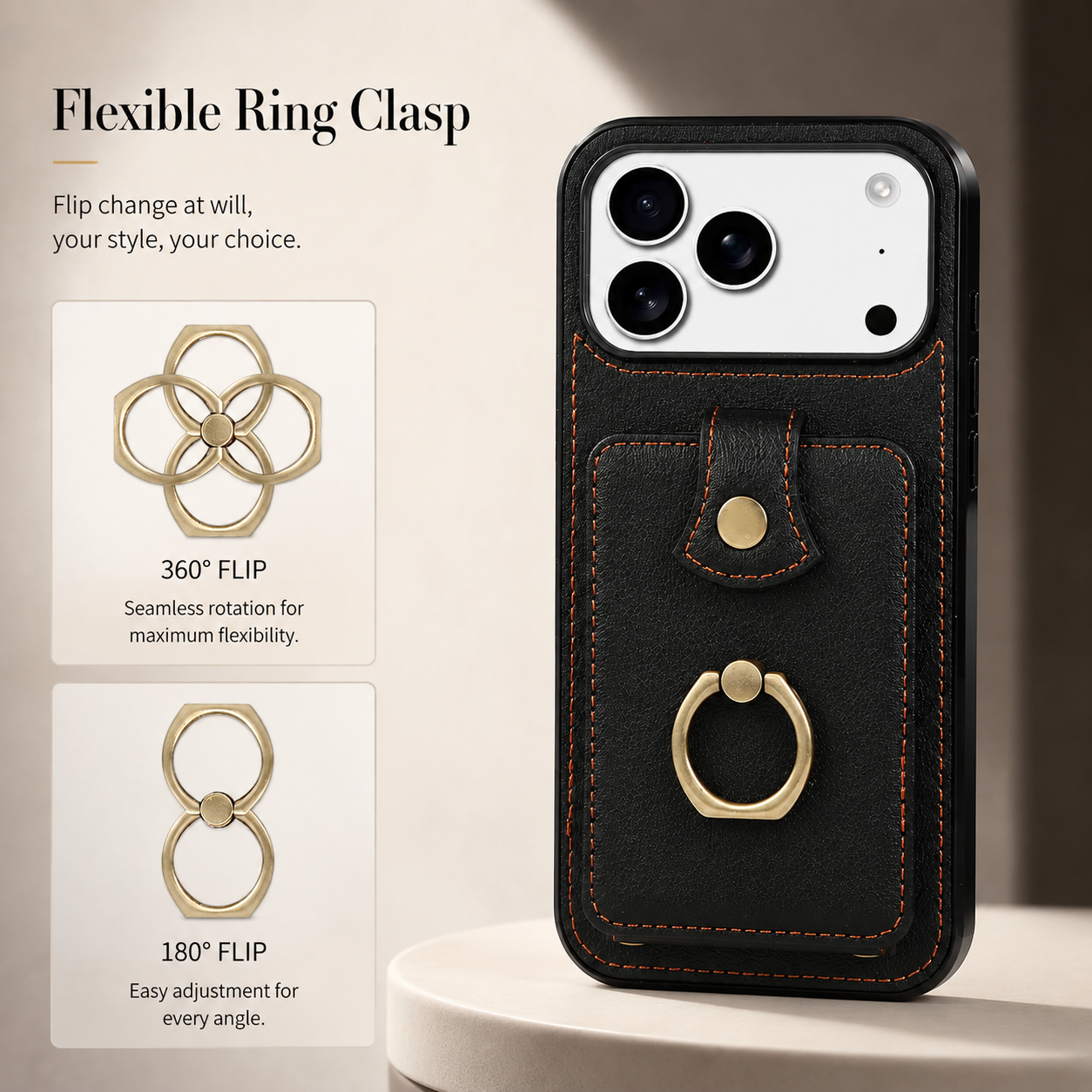 Premium iPhone Case PU Leather Wallet Cover Card Holder RFID Blocking 360° Rotating Ring Kickstand Shockproof Protective Case Full Coverage