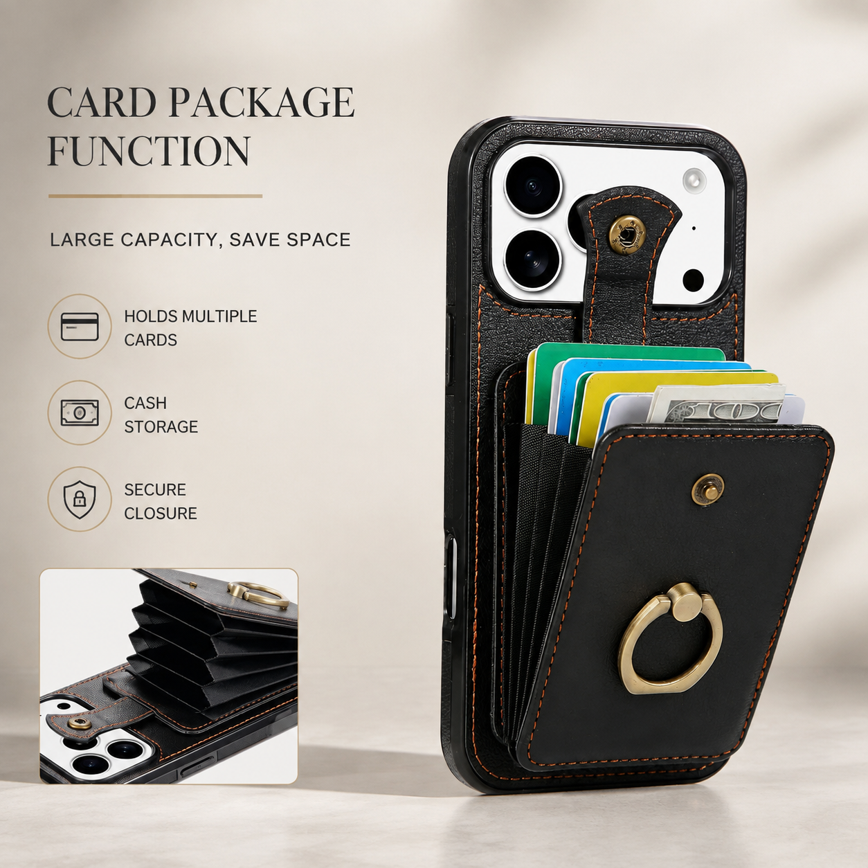Premium iPhone Case PU Leather Wallet Cover Card Holder RFID Blocking 360° Rotating Ring Kickstand Shockproof Protective Case Full Coverage