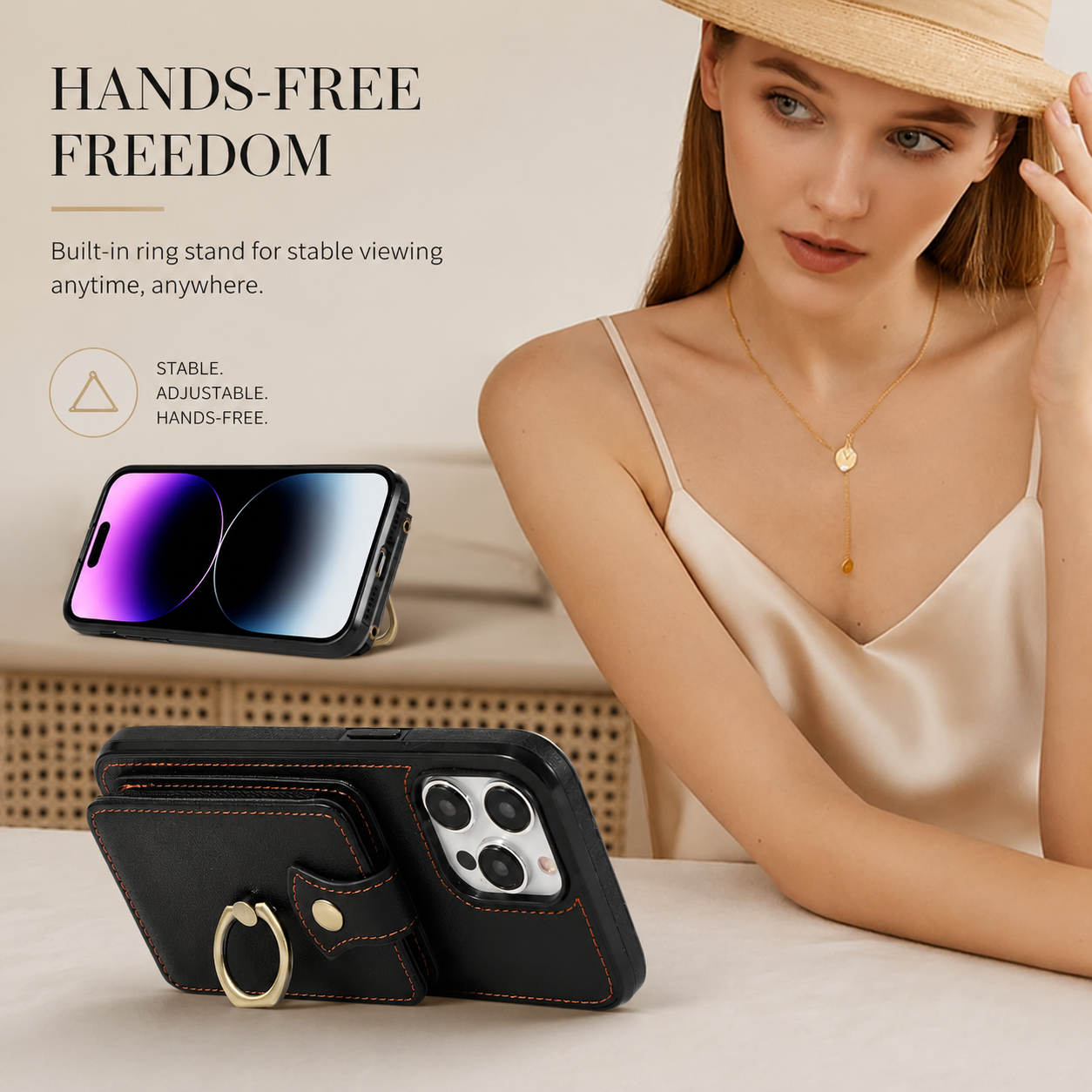 Premium iPhone Case PU Leather Wallet Cover Card Holder RFID Blocking 360° Rotating Ring Kickstand Shockproof Protective Case Full Coverage