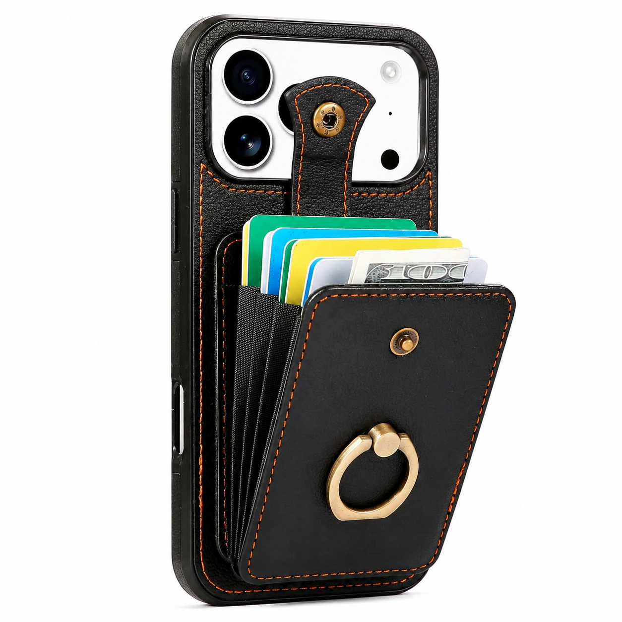 Premium iPhone Case PU Leather Wallet Cover Card Holder RFID Blocking 360° Rotating Ring Kickstand Shockproof Protective Case Full Coverage
