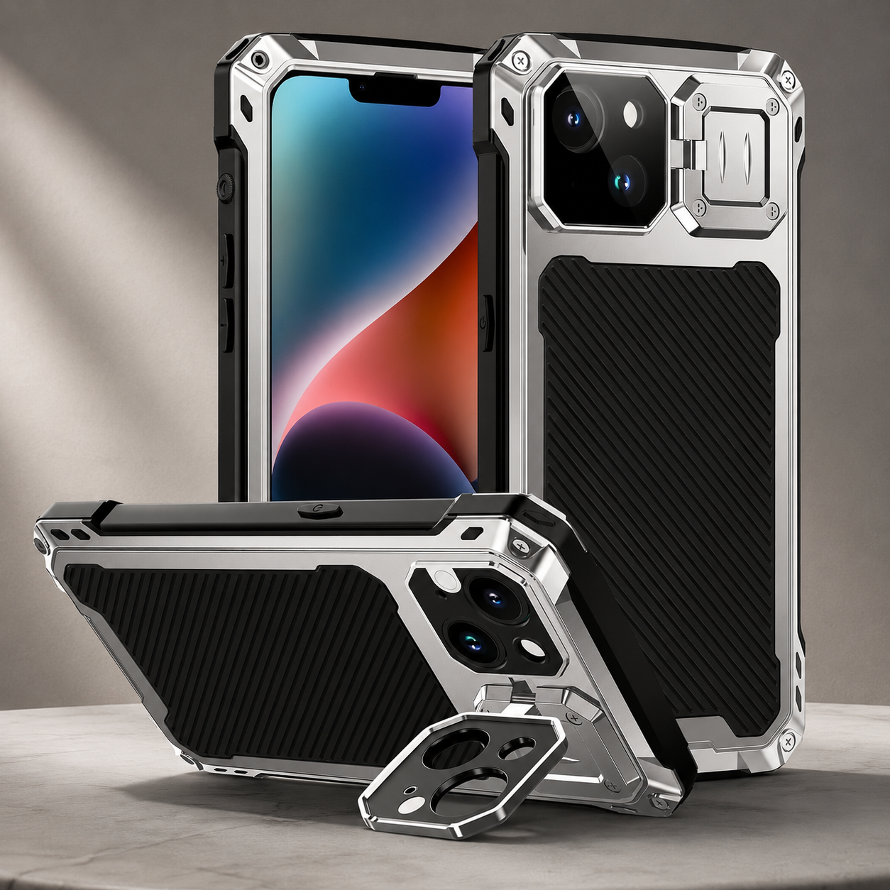 Premium iPhone Case Protective Cover Built In Screen Protector Sliding Camera Guard Shockproof Military Grade Kickstand Non Slip Full Coverage