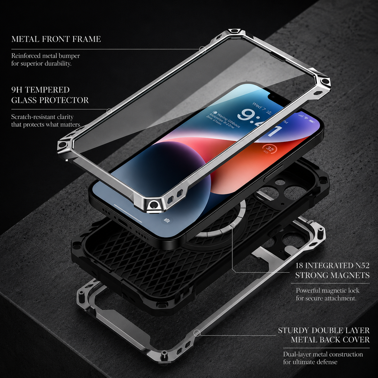 Premium iPhone Case Protective Cover Built In Screen Protector Sliding Camera Guard Shockproof Military Grade Kickstand Non Slip Full Coverage