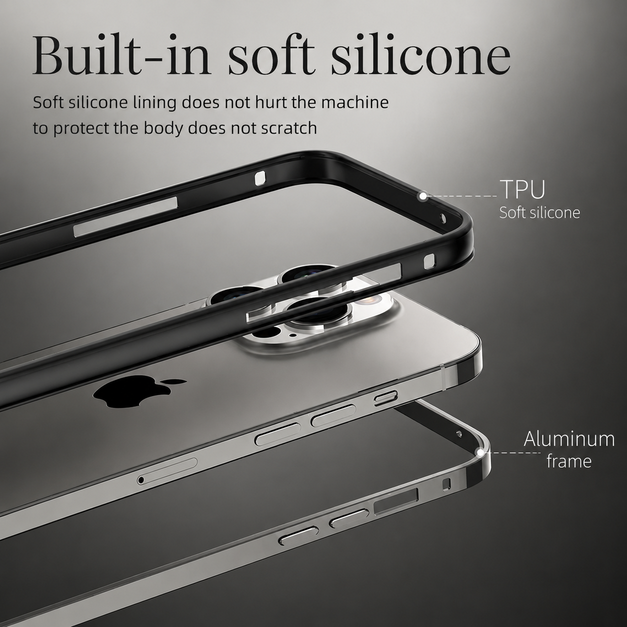 Premium iPhone Case Protective Cover Camera Lens Protection Shockproof Aluminum Metal Frame Bumper Silicone Anti Scratch Lightweight Edge Protection