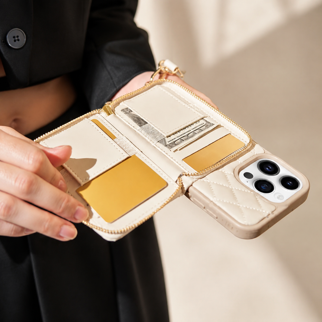 Premium iPhone Case Protective Cover Camera Lens Protection Shockproof Diamond Stitch Leather Crossbody Card Holder Chain Strap Anti Scratch Full Coverage