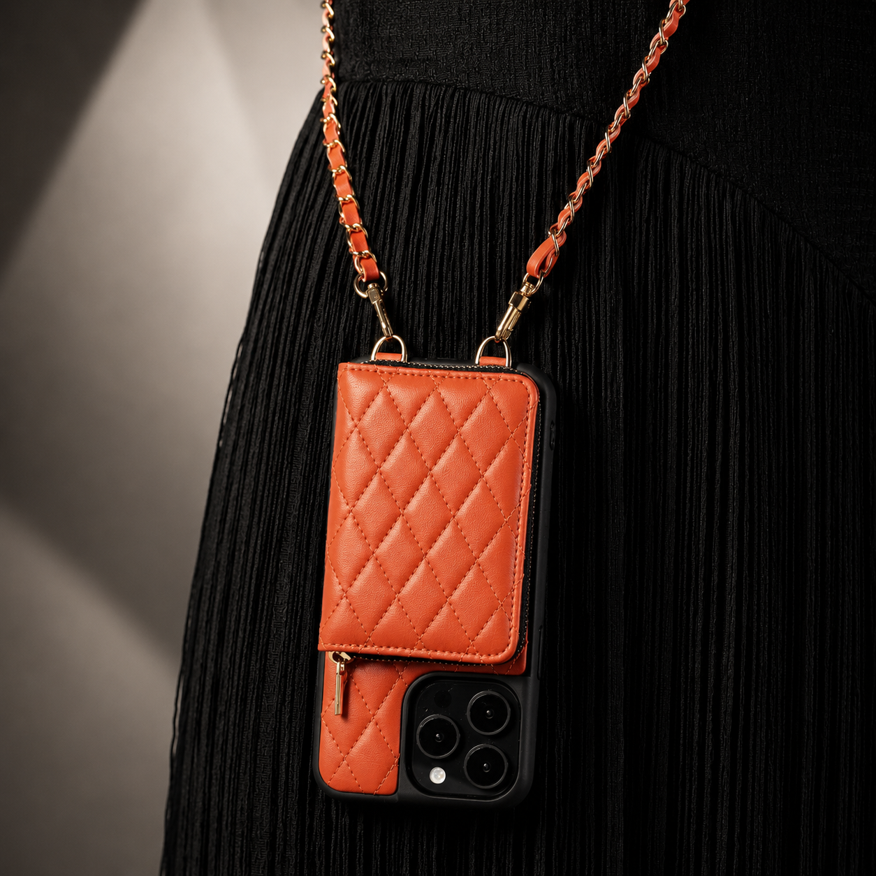 Premium iPhone Case Protective Cover Camera Lens Protection Shockproof Diamond Stitch Leather Crossbody Card Holder Chain Strap Anti Scratch Full Coverage