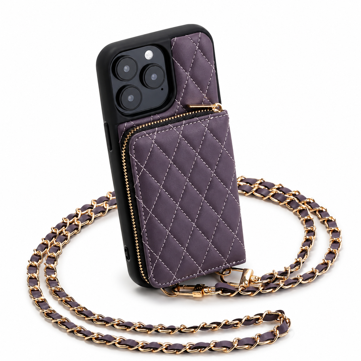 Premium iPhone Case Protective Cover Camera Lens Protection Shockproof Diamond Stitch Leather Crossbody Card Holder Chain Strap Anti Scratch Full Coverage