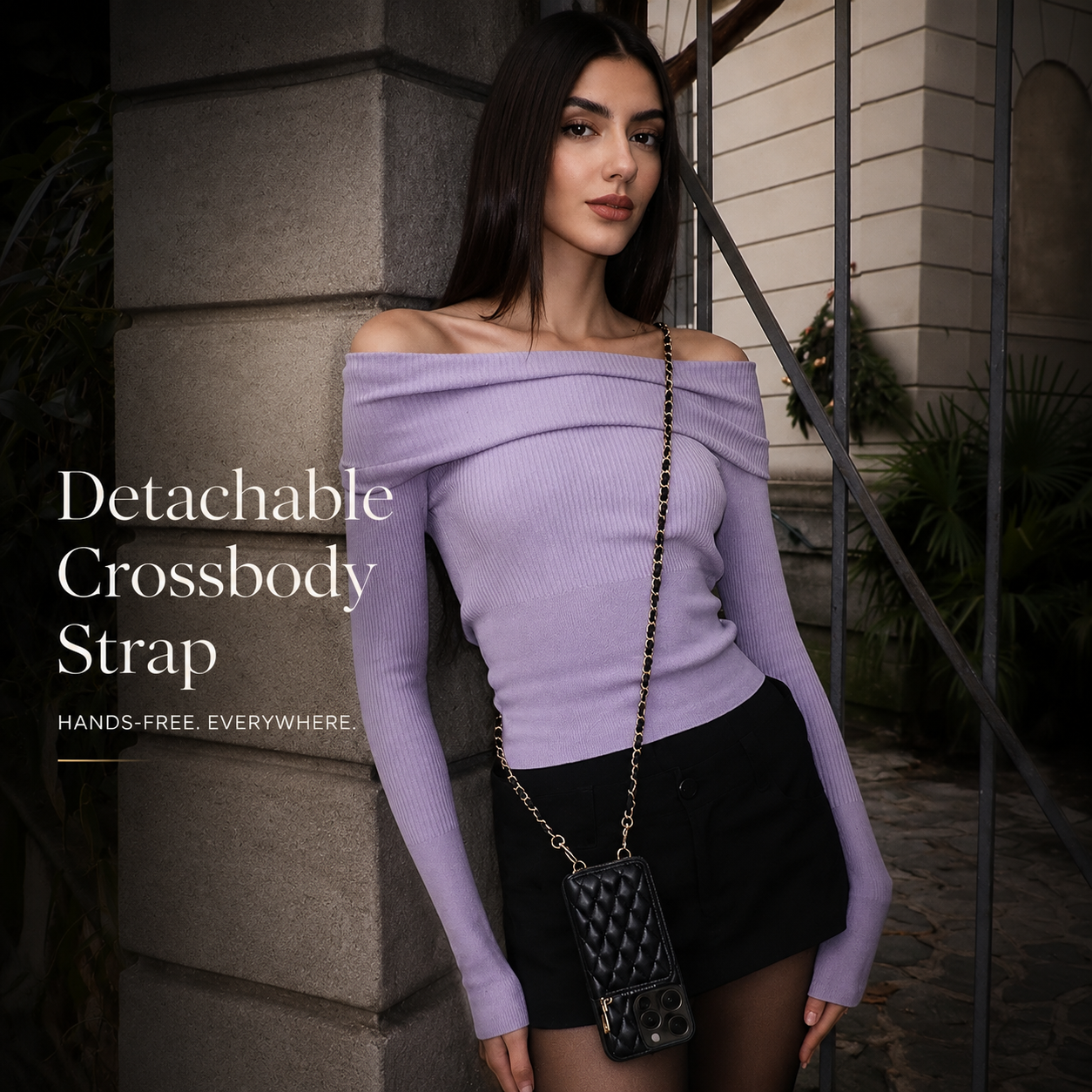 Premium iPhone Case Protective Cover Camera Lens Protection Shockproof Diamond Stitch Leather Crossbody Card Holder Chain Strap Anti Scratch Full Coverage