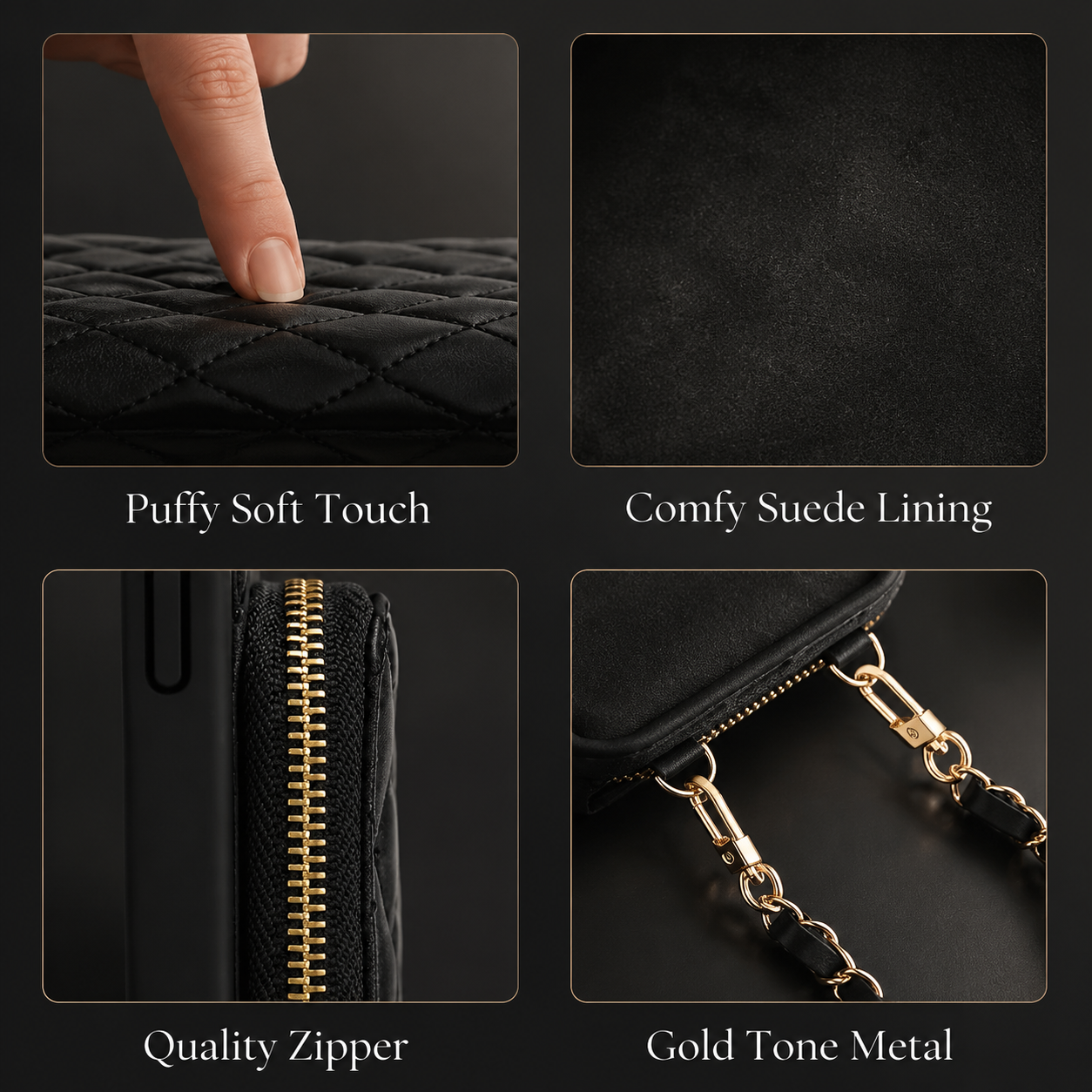 Premium iPhone Case Protective Cover Camera Lens Protection Shockproof Diamond Stitch Leather Crossbody Card Holder Chain Strap Anti Scratch Full Coverage