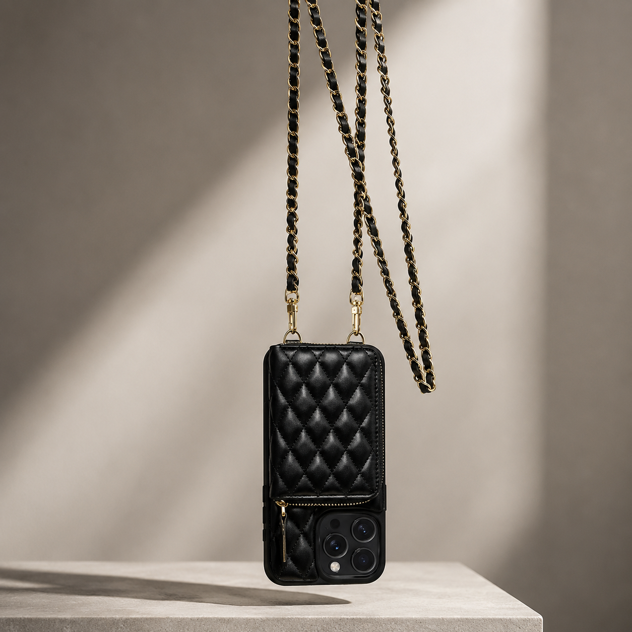 Premium iPhone Case Protective Cover Camera Lens Protection Shockproof Diamond Stitch Leather Crossbody Card Holder Chain Strap Anti Scratch Full Coverage