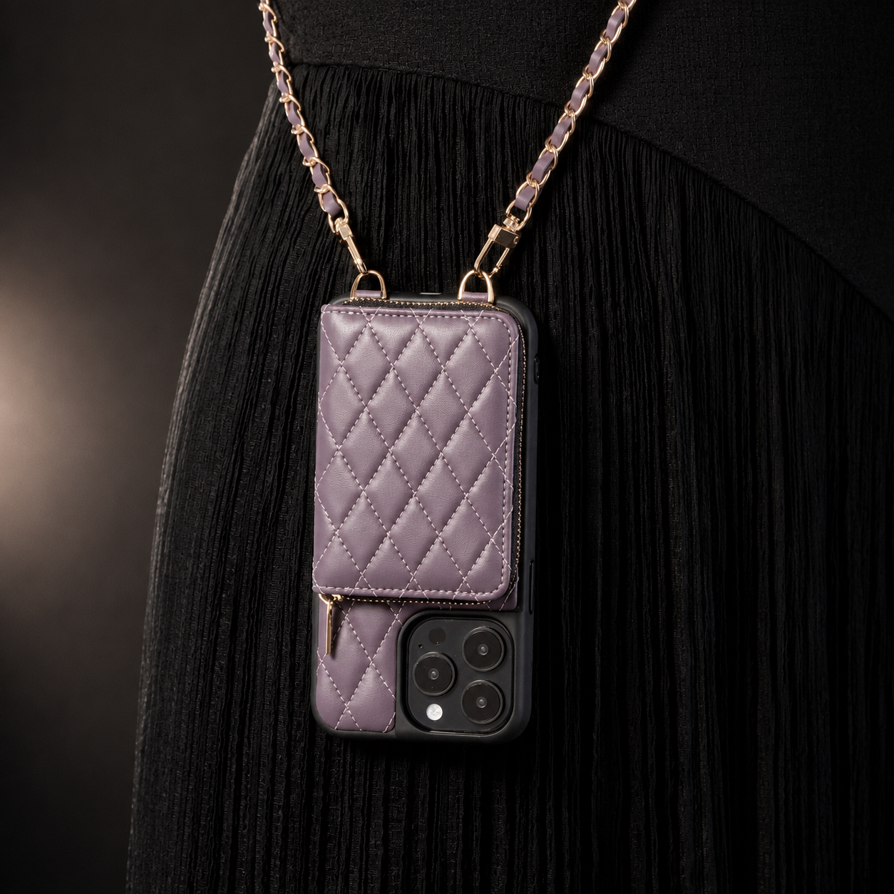 Premium iPhone Case Protective Cover Camera Lens Protection Shockproof Diamond Stitch Leather Crossbody Card Holder Chain Strap Anti Scratch Full Coverage