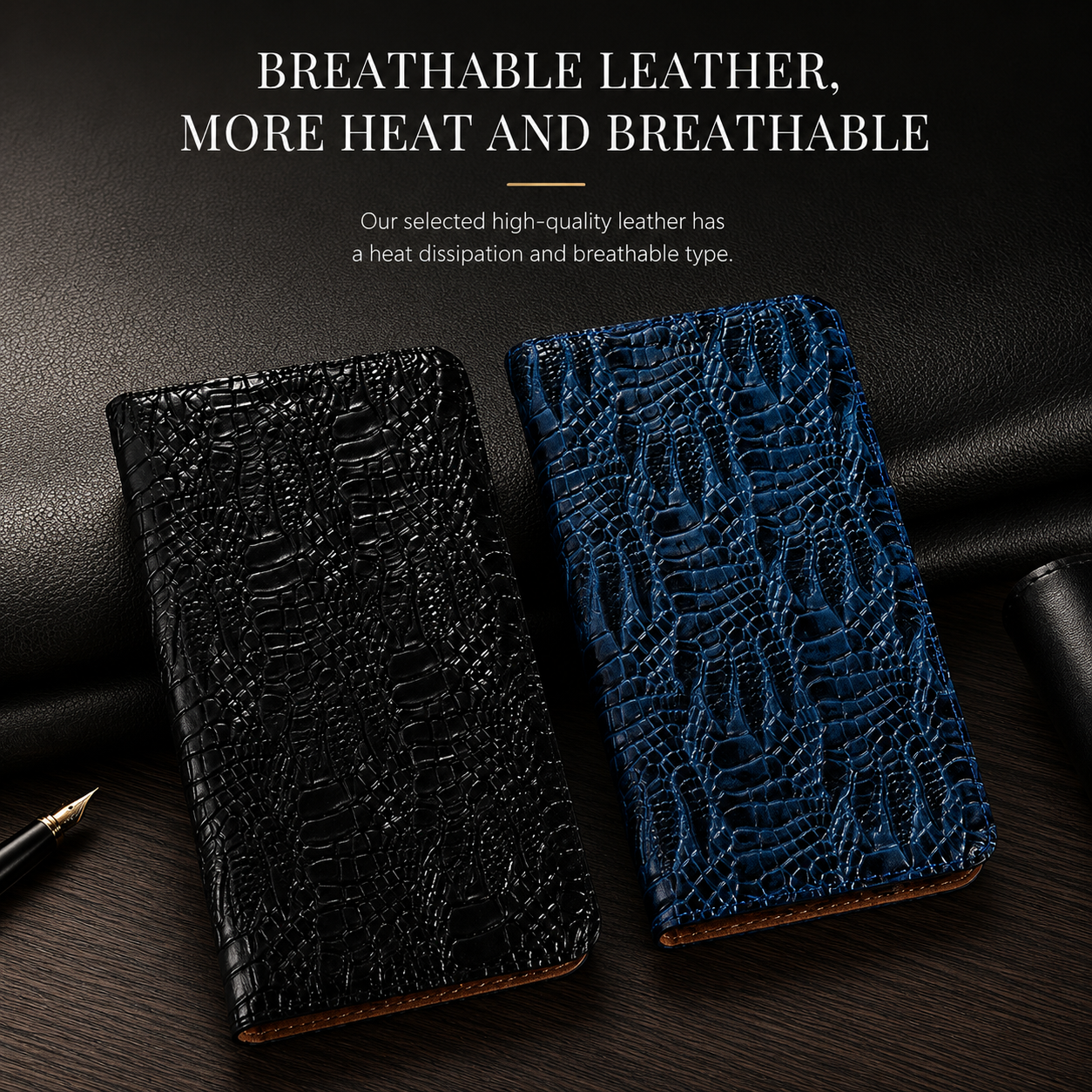 Premium iPhone Case Protective Cover Camera Lens Protection Shockproof Genuine Leather Flip Cover Card Pocket Crocodile Texture Non Slip Full Coverage
