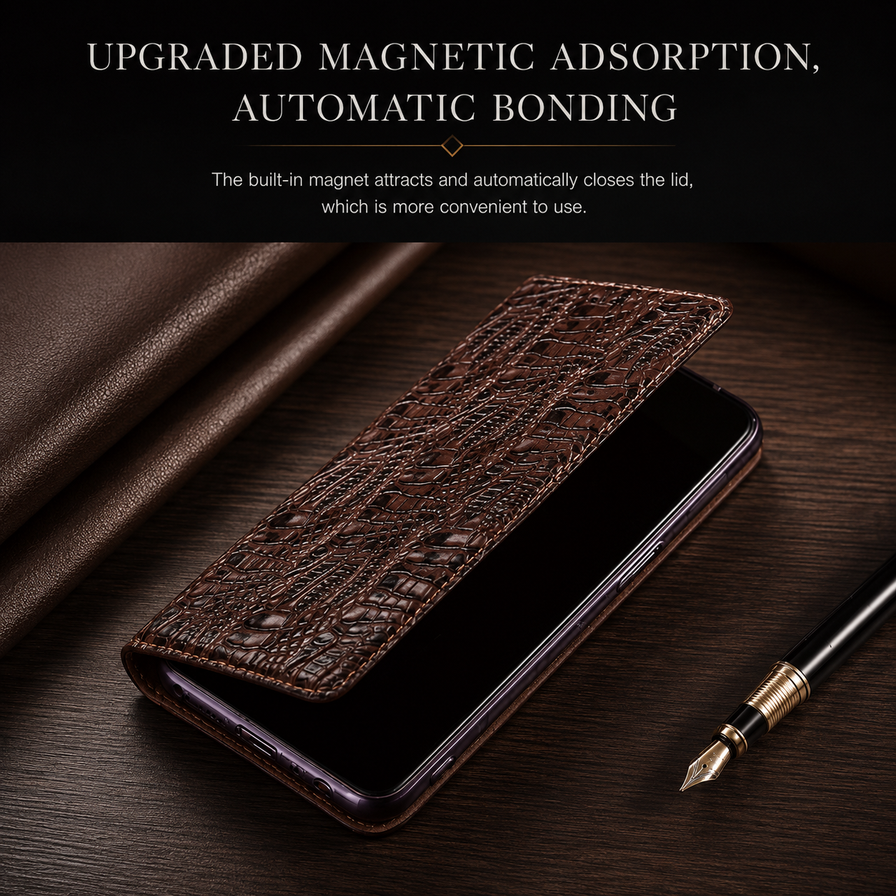 Premium iPhone Case Protective Cover Camera Lens Protection Shockproof Genuine Leather Flip Cover Card Pocket Crocodile Texture Non Slip Full Coverage
