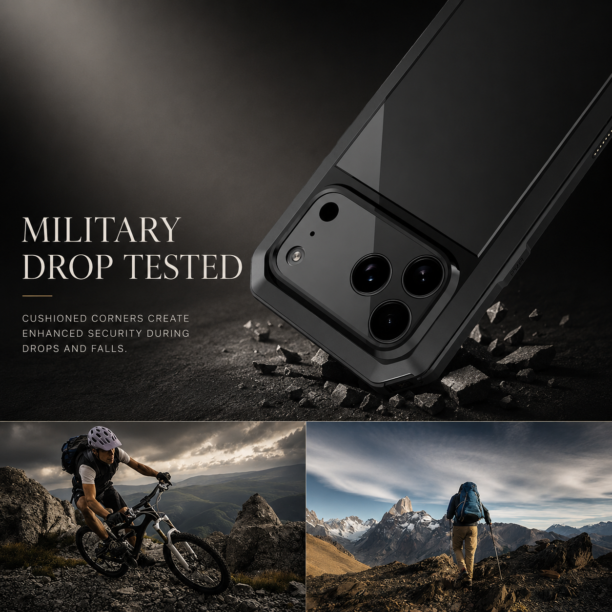 Premium iPhone Case Protective Cover Camera Lens Protection Shockproof Heavy Duty Metal Frame Built In Glass Screen Protector TPU PC Armor Full Coverage