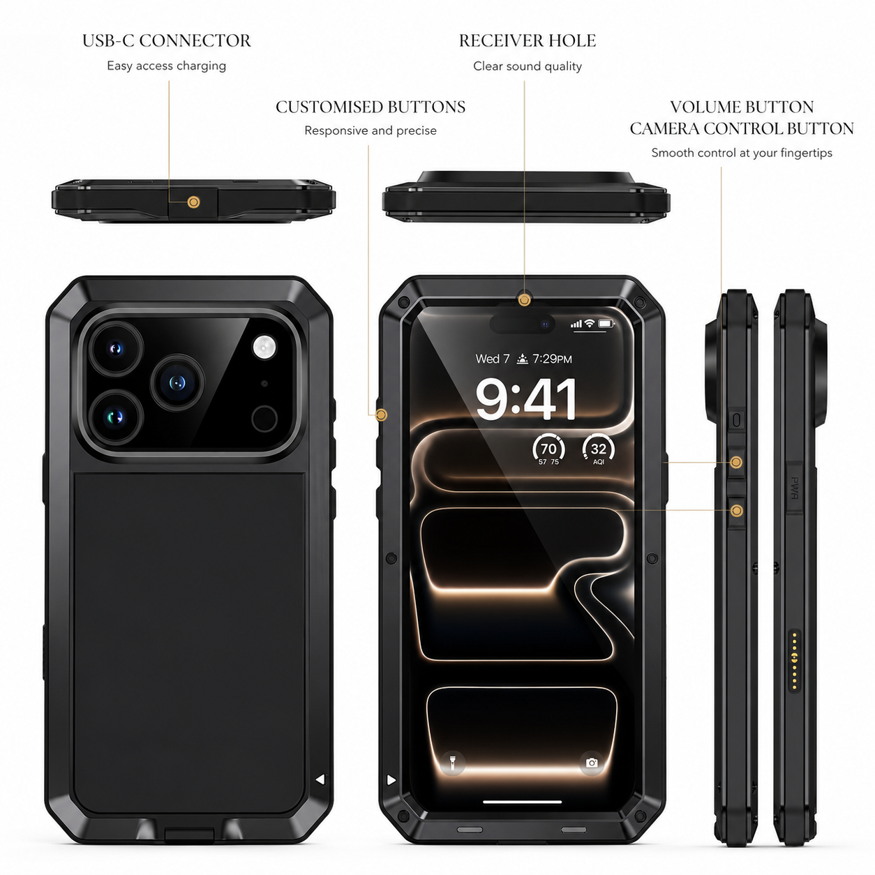 Premium iPhone Case Protective Cover Camera Lens Protection Shockproof Heavy Duty Metal Frame Built In Glass Screen Protector TPU PC Armor Full Coverage