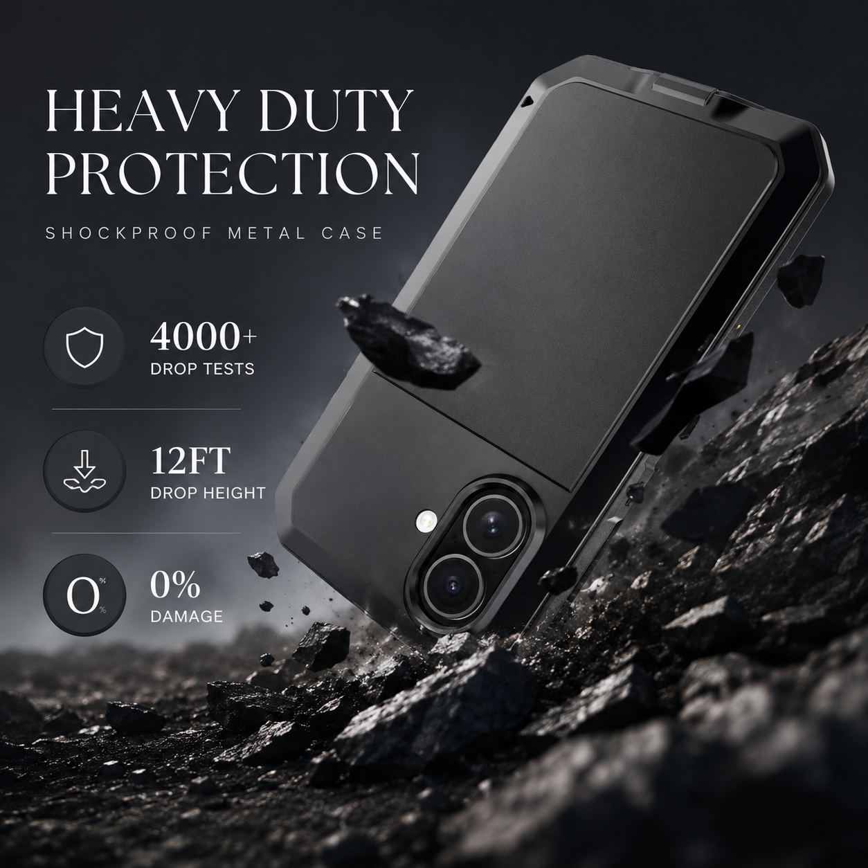 Premium iPhone Case Protective Cover Camera Lens Protection Shockproof Heavy Duty Metal Frame Built In Glass Screen Protector TPU PC Armor Full Coverage