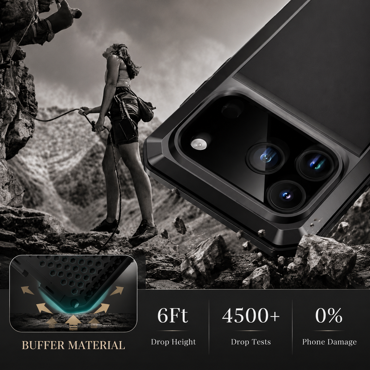 Premium iPhone Case Protective Cover Camera Lens Protection Shockproof Heavy Duty Metal Frame Built In Glass Screen Protector TPU PC Armor Full Coverage