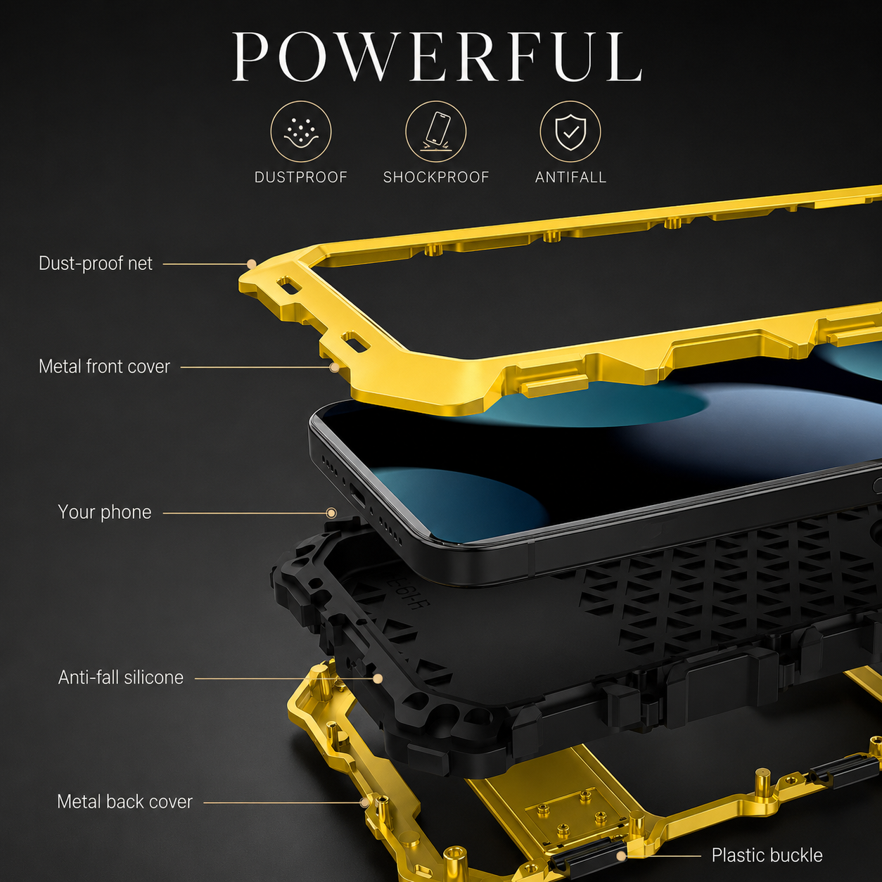 Premium iPhone Case Protective Cover Camera Lens Protection Shockproof Metal Bumper Anti Fall Silicone Bracket Rugged Armor Anti Scratch Edge Protection