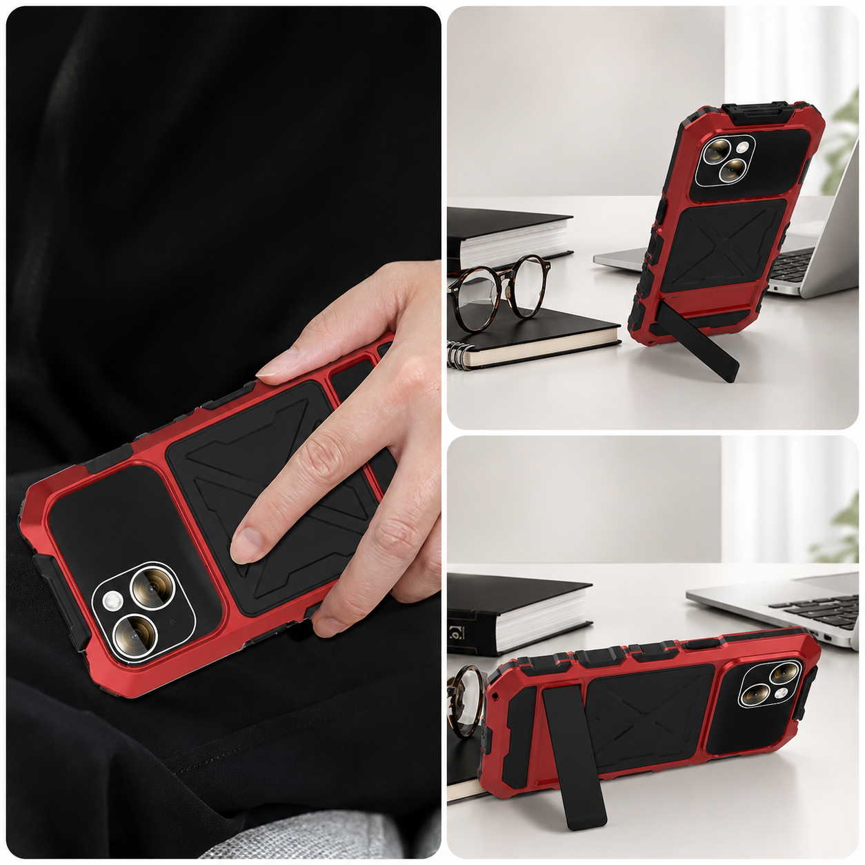 Premium iPhone Case Protective Cover Camera Lens Protection Shockproof Metal Bumper Anti Fall Silicone Bracket Rugged Armor Anti Scratch Edge Protection