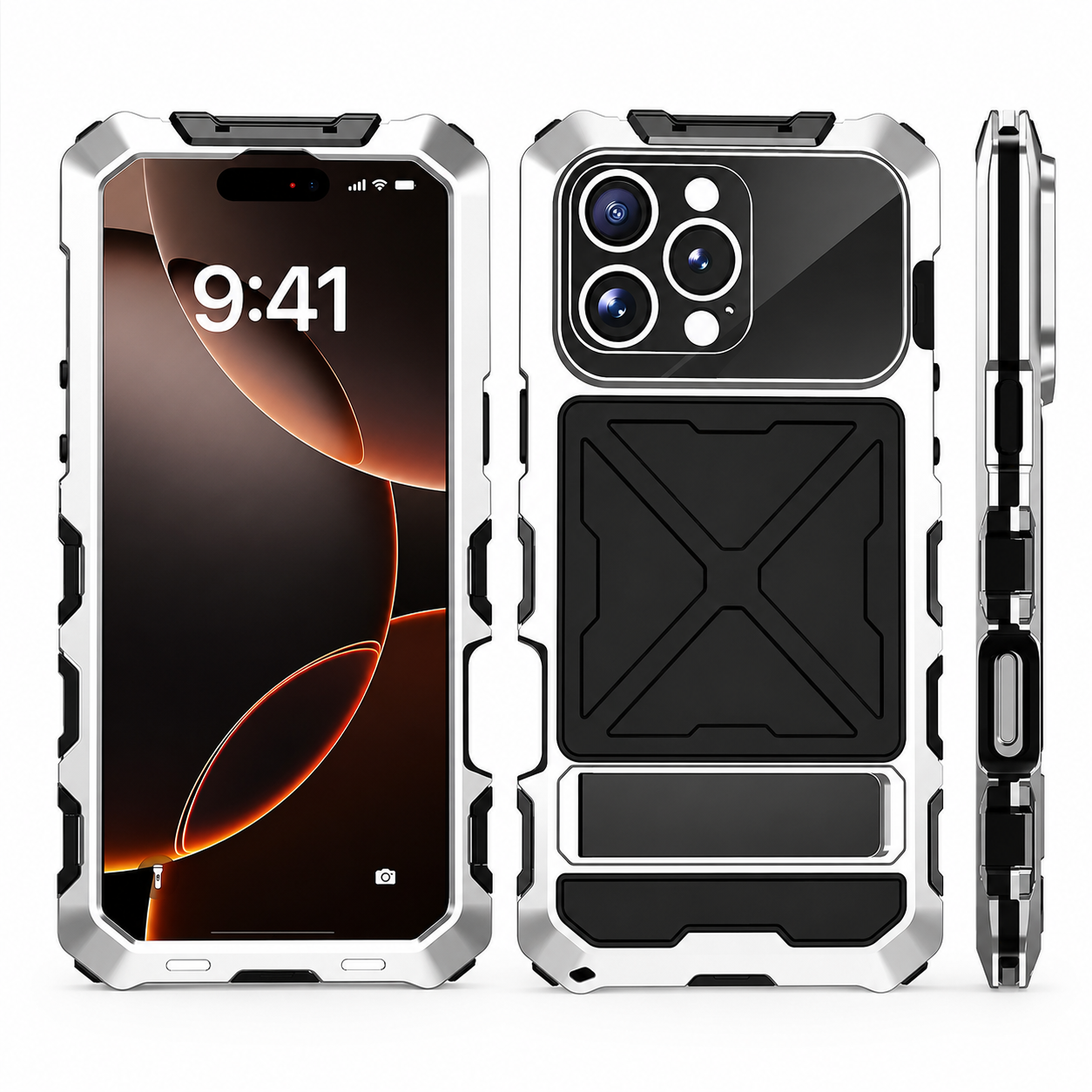 Premium iPhone Case Protective Cover Camera Lens Protection Shockproof Metal Bumper Anti Fall Silicone Bracket Rugged Armor Anti Scratch Edge Protection