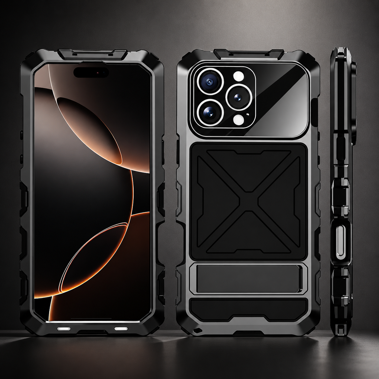 Premium iPhone Case Protective Cover Camera Lens Protection Shockproof Metal Bumper Anti Fall Silicone Bracket Rugged Armor Anti Scratch Edge Protection